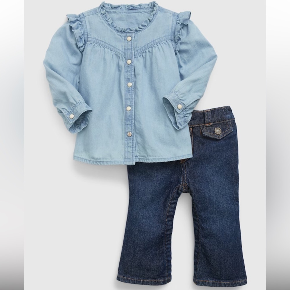 GAP Baby Denim Outfit Set Flare Jeans Dark Button Down Shirt 12-18 Months Top